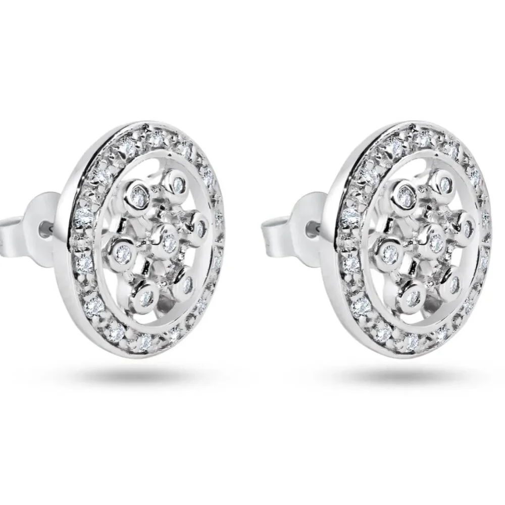 Sterling Silver 925 Rhodium Plated Round Helm Wheel CZ Stud Earrings